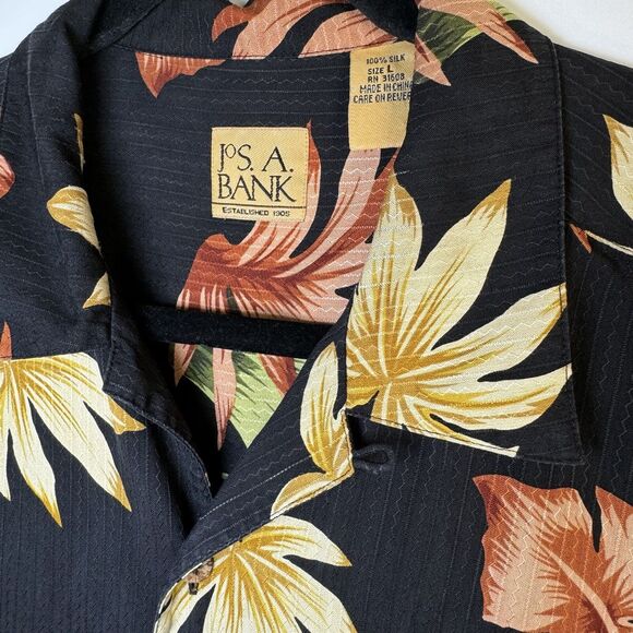 Jos A Bank 100% Silk Hawaiian Camp Shirt Men's Large Black Tropical Floralwhat - Picture 4 of 10